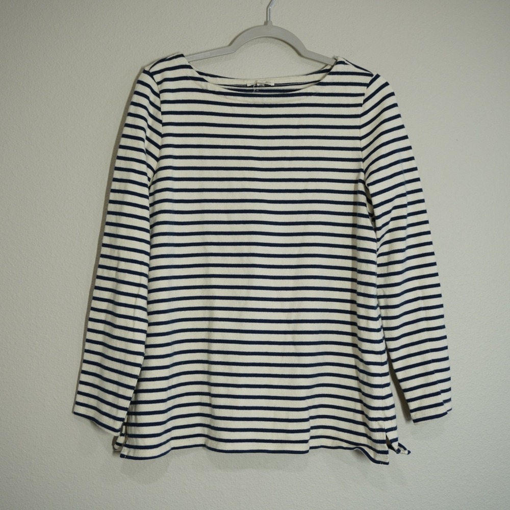 Eileen Fisher Women's Size Small Cream Navy Striped Organic Cotton Boat Neck Top